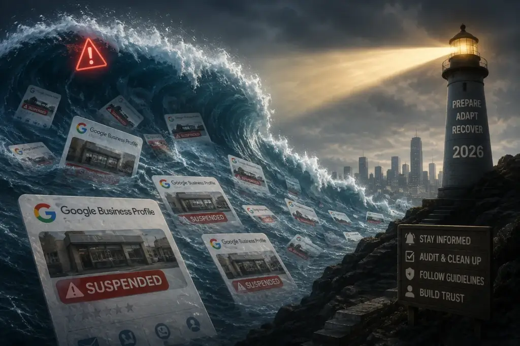 GBP Suspended illustration showing a massive storm wave symbolizing Google's 2026 Google Business Profile suspension wave, with suspended business listings and a lighthouse representing recovery and guidance.