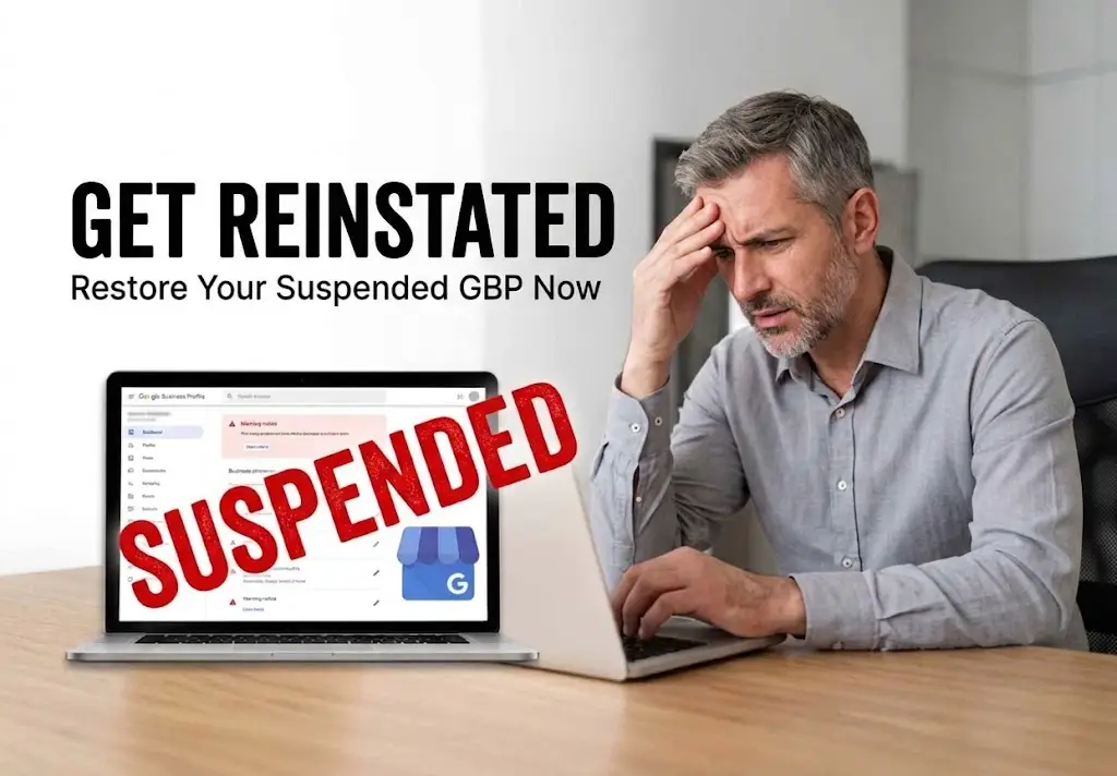 Frustrated business owner looking at laptop with a suspended Google business page notice.