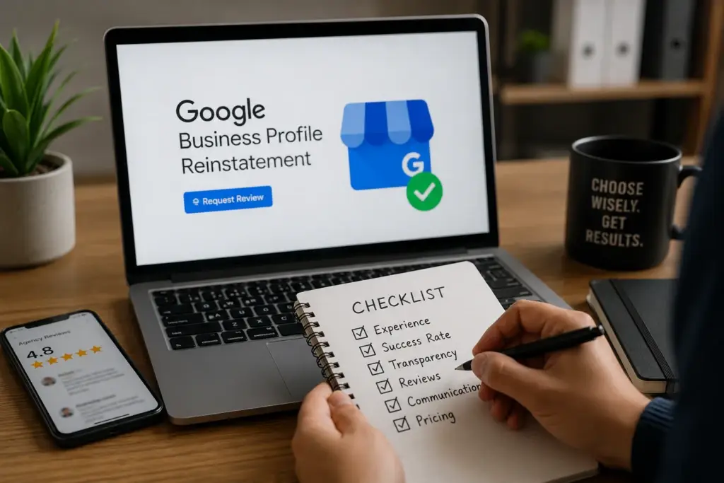 A business owner reviews a checklist while comparing options for a GBP reinstatement agency, using a laptop and notes to evaluate experience, transparency, and reputation before choosing a Google Business Profile reinstatement service.