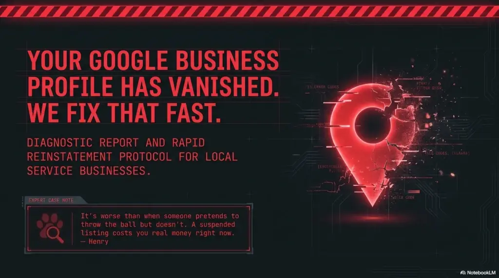 Broken Google Maps pin on a dark diagnostic screen illustrating what happens when Google suspended my business, with an expert case note about the financial cost of a suspended listing.