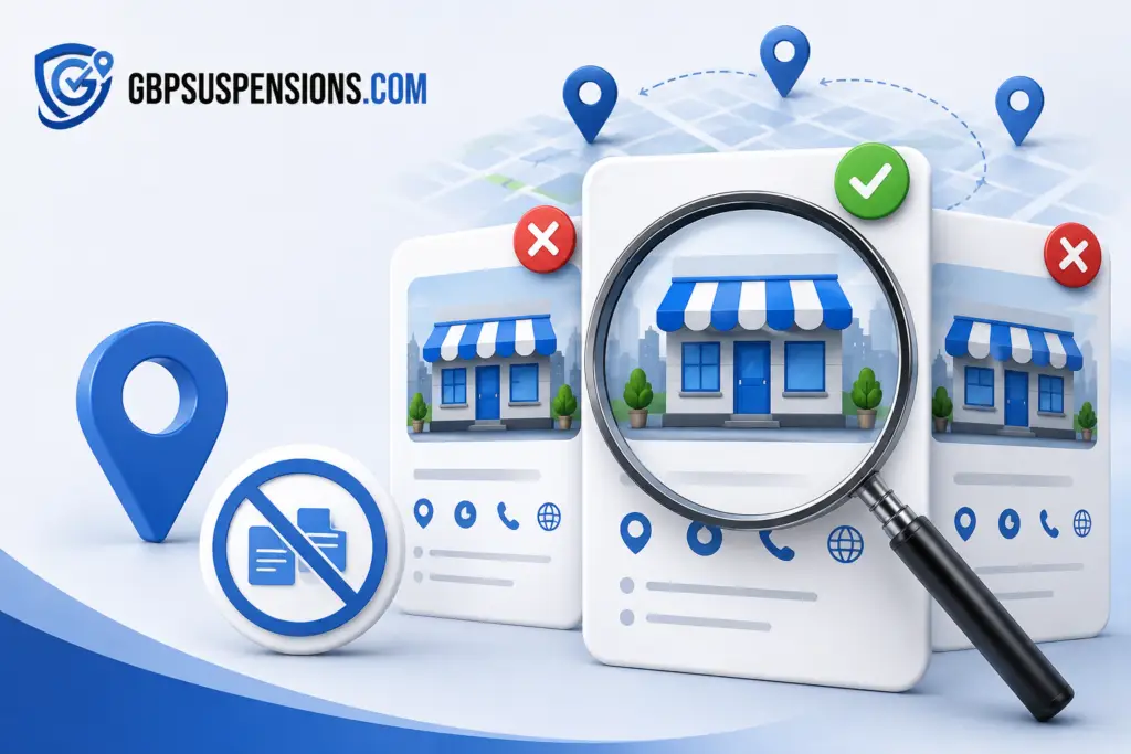 Duplicate Google Business Profile listings showing multiple business profiles, with one accurate listing highlighted for review and duplicate listings marked for removal.