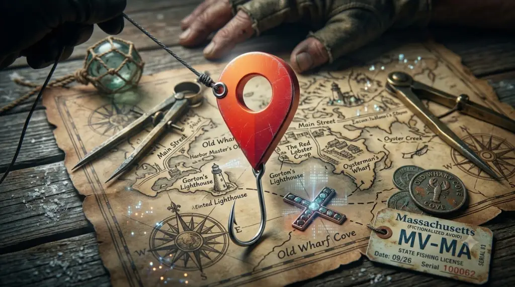 Fishing hook attached to a Google Maps pin over a fake map illustrating a GBP lead generation violation scheme