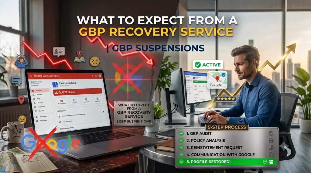 A visual split showing a suspended Google Business Profile on a laptop transitioning into a restored, active listing with an upward growth arrow, illustrating the step-by-step process of a GBP recovery service.