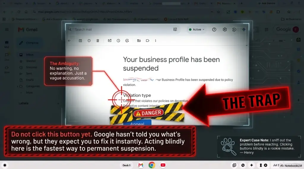Annotated screenshot of a GBP suspended email showing the vague policy violation notice with a warning not to click the appeal button blindly, a common mistake that leads to permanent suspension.