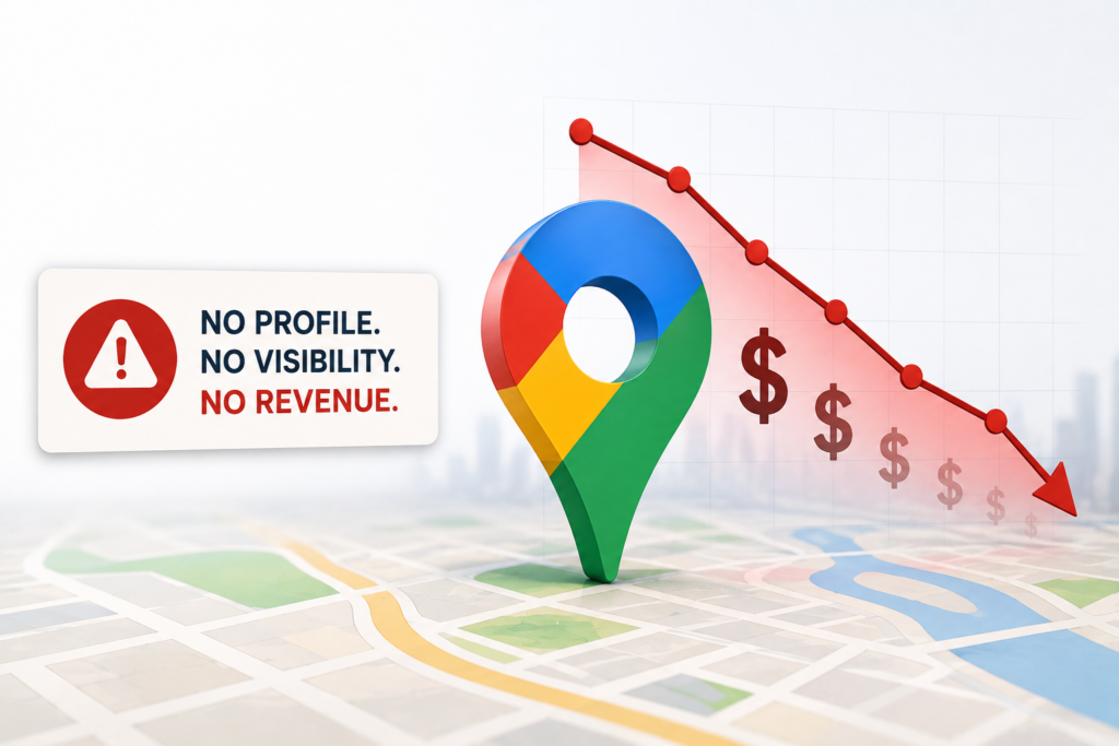 GBP suspension cost illustrated by a Google Business Profile disappearing from search and a declining revenue graph for a local business
