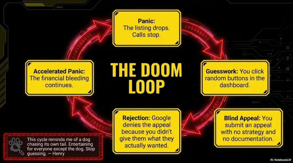 The Doom Loop diagram showing the cycle of panic, guesswork, blind appeals, and rejection that makes gbp suspension recovery take longer, with an expert case note about breaking the cycle.