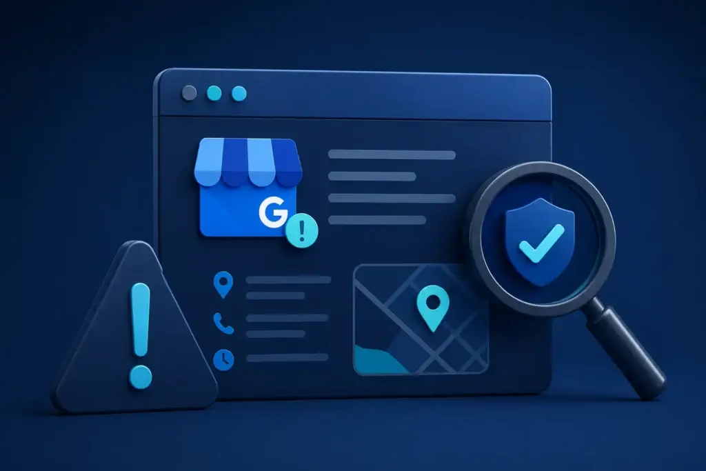 3D illustration representing GBP verification issues with a Google Business Profile, warning icon, verification shield, and business listing dashboard.
