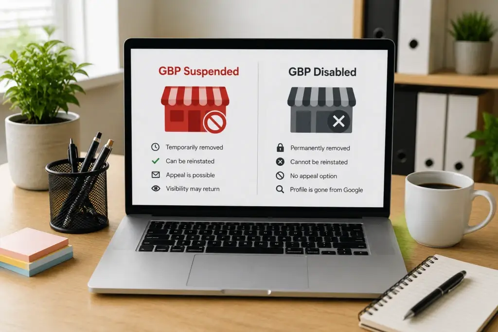 Laptop displaying a comparison of GBP suspended vs disabled statuses in a modern office workspace.