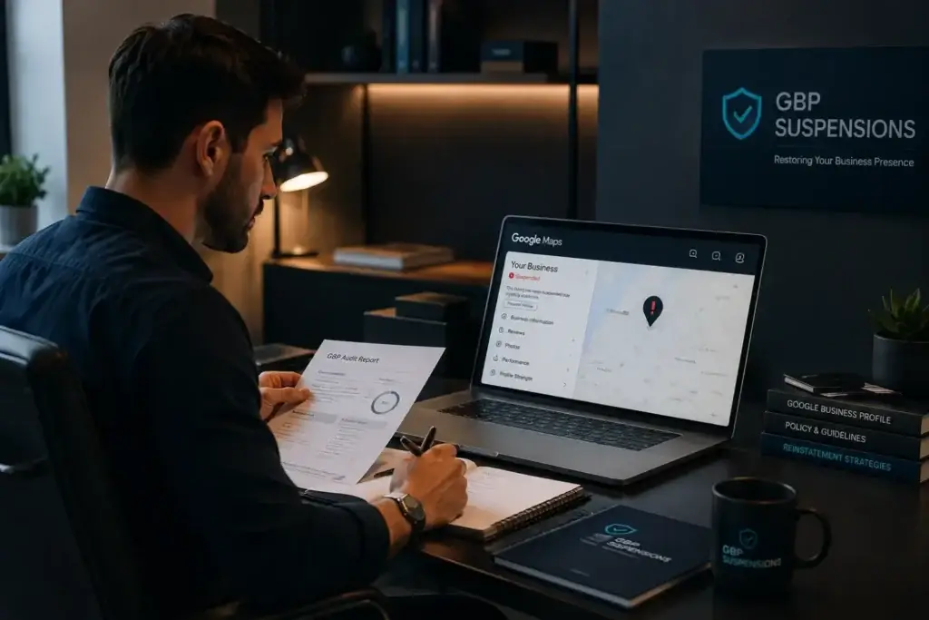 GBP reinstatement services consultant reviewing a Google Business Profile on a laptop displaying a Google Maps interface in a modern office, representing expert business profile recovery, audit, and reinstatement support.