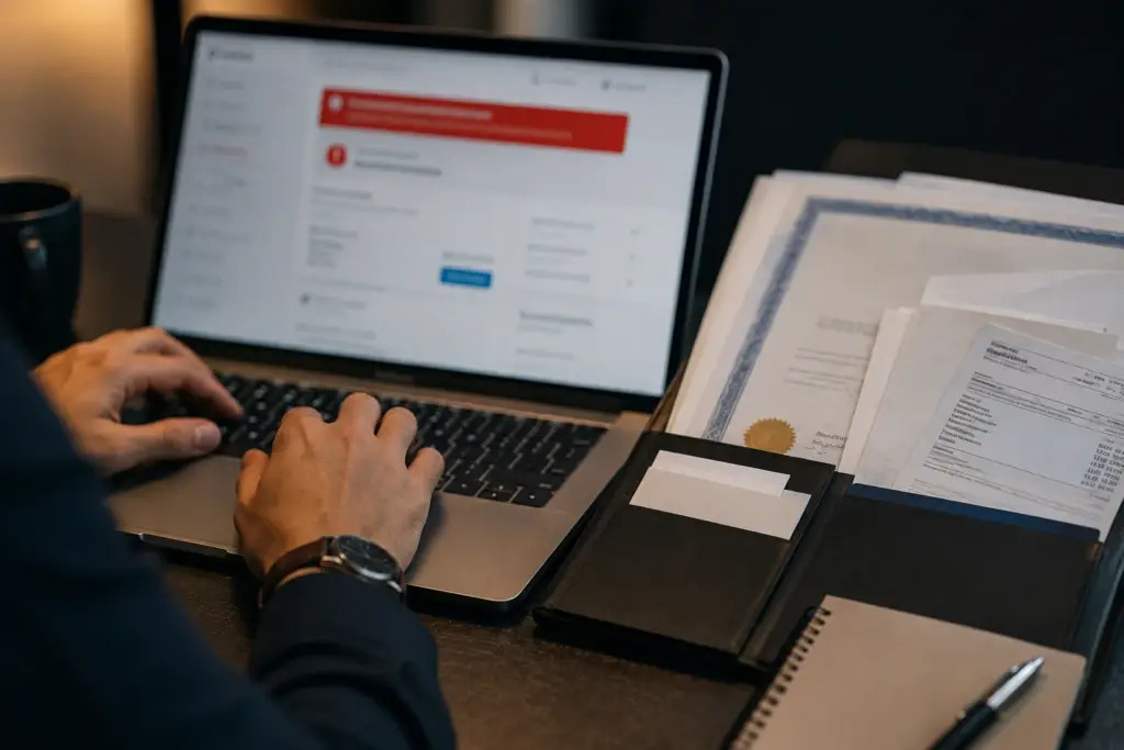 How to appeal a GBP suspension with organized business documents and a professional reviewing evidence on a laptop, representing the process of preparing a successful Google Business Profile reinstatement request.