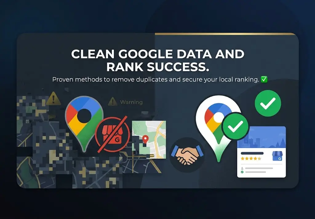 Infographic explaining how to fix a duplicate GBP listing without triggering a Google suspension.