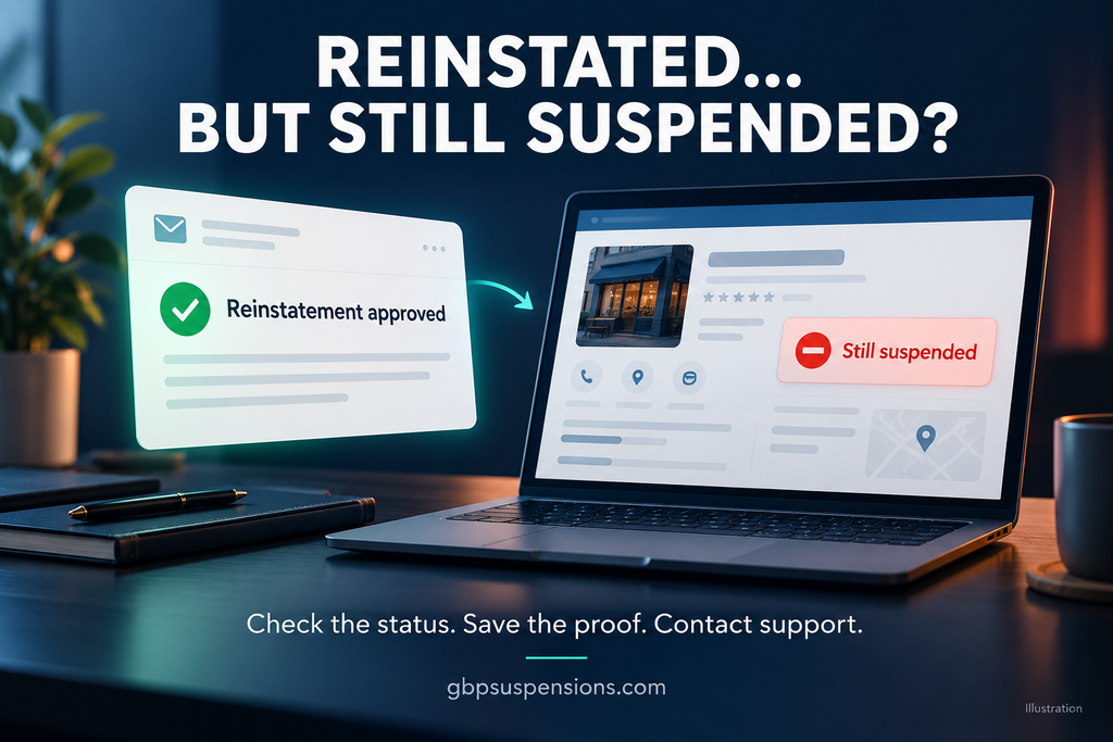 Google Business Profile reinstated but still suspended, showing a reinstatement approval email beside a laptop displaying a suspension notice.